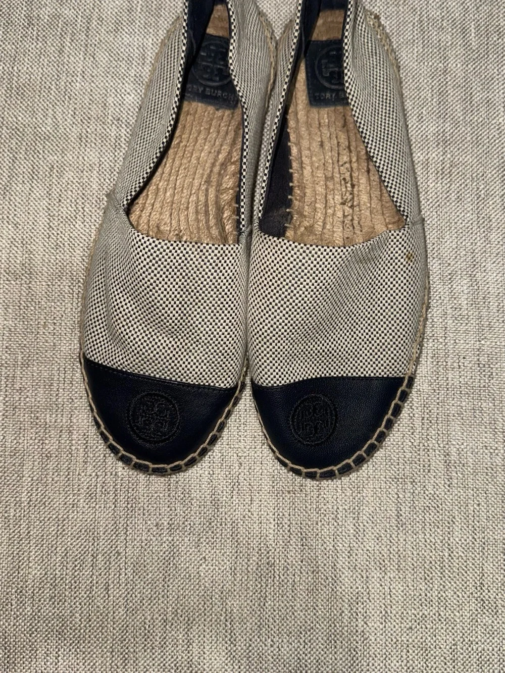 Tory Burch Navy Blue Toe Cap Cream Navy Blue Canvas Espadrille Flats